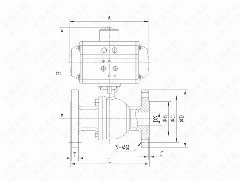 KB50F進口氣動法蘭球閥外形尺寸