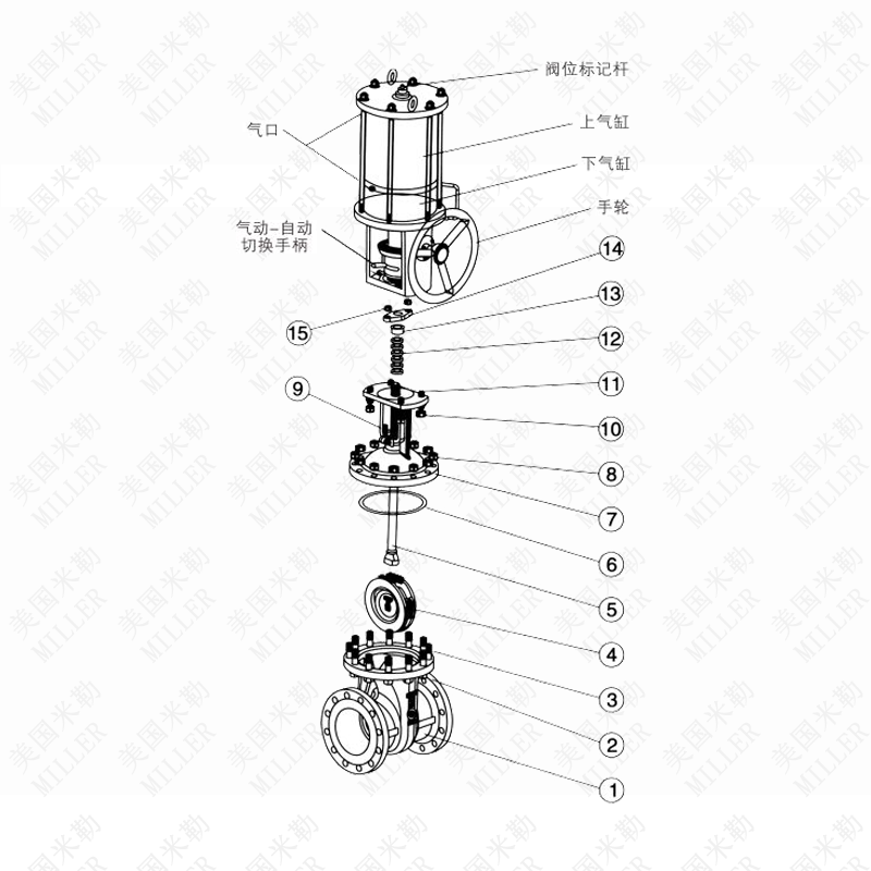 進(jìn)口氣動(dòng)法蘭閘閥零部件圖