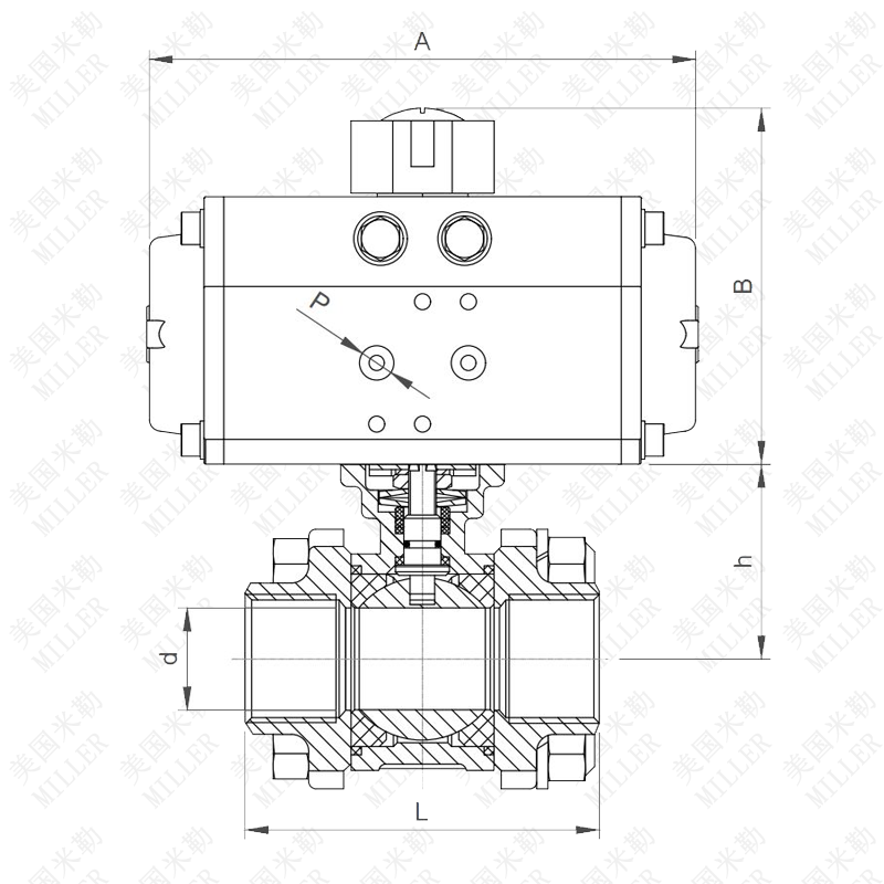 進口氣動雙作用球閥連接尺寸圖
